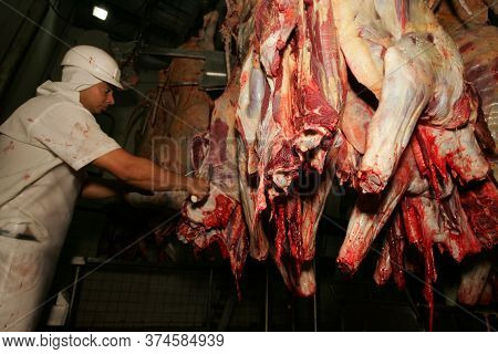 Eunapolis, Bahia / Bahia - Setembro 1, 2010: Slaughterhouse Employee Is Seen Doing Meat Processing O
