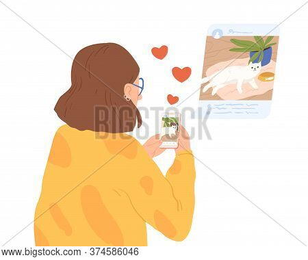 Female Animal Lover Sharing Photo Of Cat At Social Network Vector Flat Illustration. Woman Blogger M