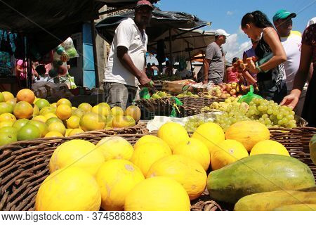 Conde, Bahia / Brazil - September 7, 2012: Melons, Papayas, Oranges Are Seen For Sale At A Free Mark