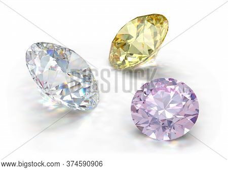 Three Large, Multi-colored Diamonds. 3d Image. White Background.
