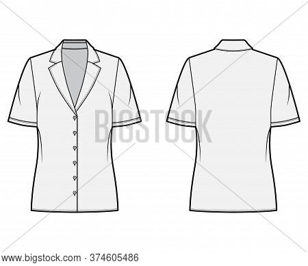 Pajama Style Blouse Technical Fashion Illustration With Retro Camp Collar, Short Sleeves, Loose Fit 