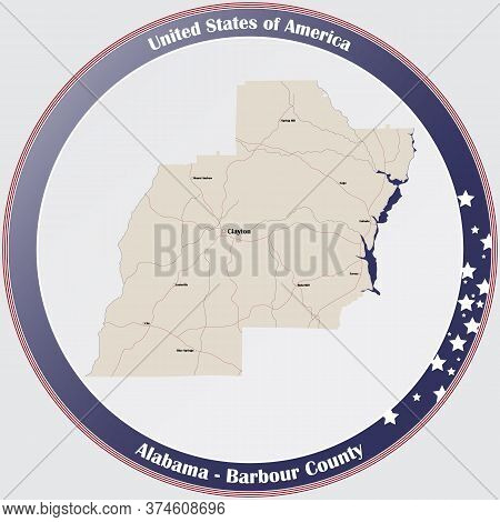 Round Button With Detailed Map Of Barbour County In Alabama, Usa.