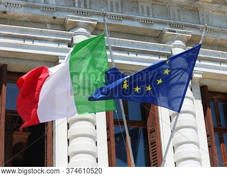 Italian Flag And European Flag During International Meeting