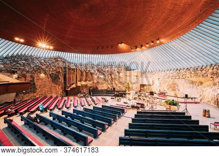 Helsinki, Finland - December 7, 2016: Interior Of Lutheran Temppeliaukio Church Also Known As Church