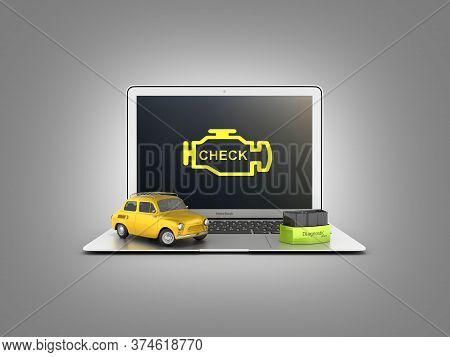Car Diagnostic Concept Close Up Of Laptop With Obd2 Wireless Scanner And Retro Car On Gray Gradient 