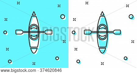 Black Line Kayak And Paddle Icon Isolated On Green And White Background. Kayak And Canoe For Fishing