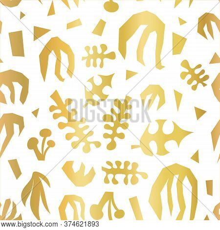 Abstract Plants Summer Collage Seamless Vector Pattern Faux Metallic Gold Foil On White. Contemporar