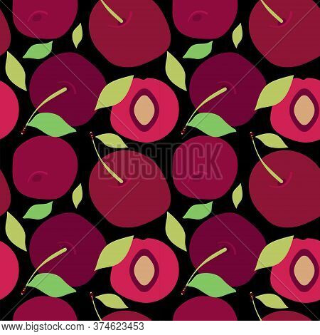 Seamless Pattern With Cartoon Sweet Cherry, Cherrystone, Green Leaves And Twigs On A Black Backgroun