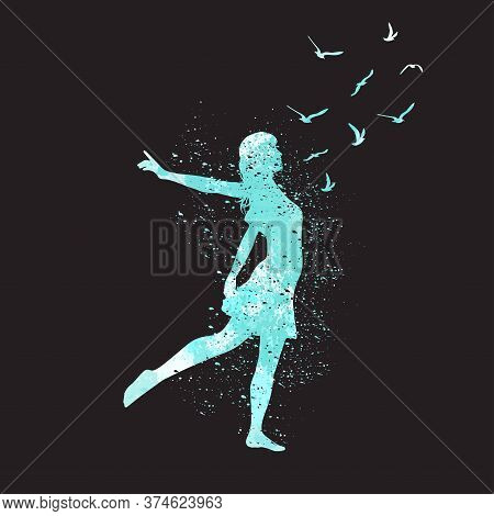 Freedon Concept. Watercolor Dancing Silhouette Of Girl With Birds.