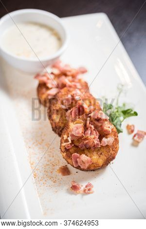 Potato Rosti With Bacon And Sauce, Deep Fried