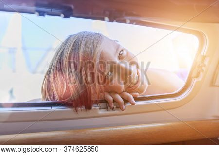 Little Boy On Board Of Sailing Yacht On Summer Cruise. Travel Adventure, Yachting With Child On Fami