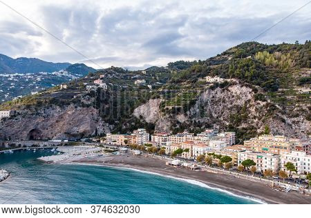 Aerial Drome Sunset View Of Resort Village Minori, Amalfi Coast, Italy