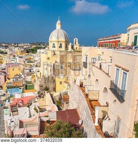 Aerial Drone View Of Vibrantly Colorful Houses Of Marina Corricella In Sunny Summer Weather At Proci