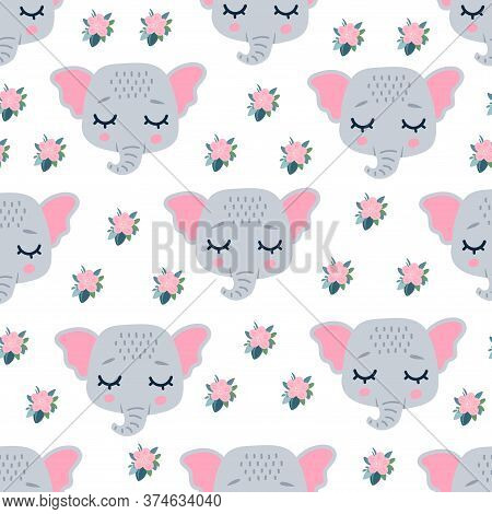 Cute Elephant Heads With Closed Eyes. Cute Cartoon Funny Character And Flowers. Pet Baby Print. Scan