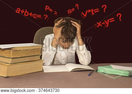 Teen Student Can't Concentrate To Do Difficult Math Task, Preparing For Test On Dark Background