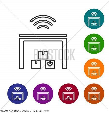 Black Line Smart Warehouse System Icon Isolated On White Background. Set Icons In Color Circle Butto