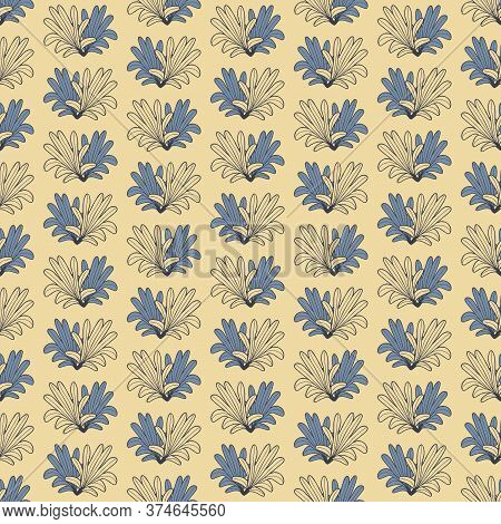 Vector Yellow Violet Leaves, Petals, Palms Seamless Pattern On Light Background Print. Surface Patte
