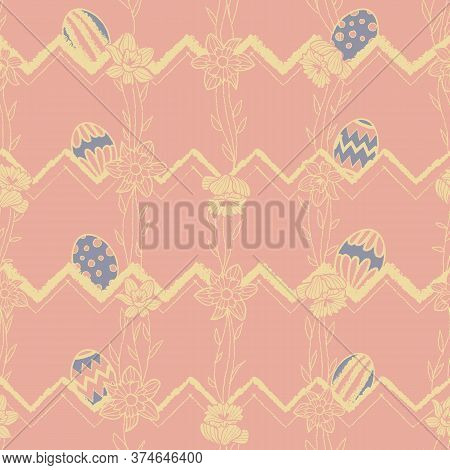 Vector Easter Eggs, Daffodils Pink Seamless Pattern Print Background. Surface Pattern Design. Great 