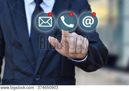 Businessman Choosing Virtual Contact Icon. Contact Us (customer Support Hotline People Connect )