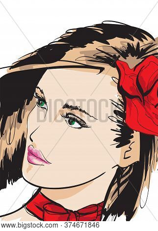 Hand Drawn Beautiful Young Woman Face. Fashion.  Beautiful Woman Face
