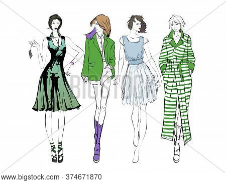 Beautiful Young Women In Modern Style.. Hand Drawn Stylish Woman Portrait. Fashion Lady. Festive Out