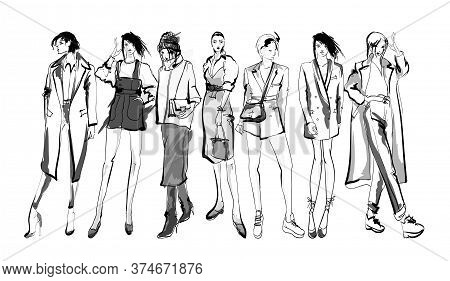 Beautiful Young Women In Modern Style.. Hand Drawn Stylish Woman Portrait. Fashion Lady. Festive Out