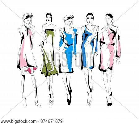 Beautiful Young Women In Modern Style.. Hand Drawn Stylish Woman Portrait. Fashion Lady. Festive Out