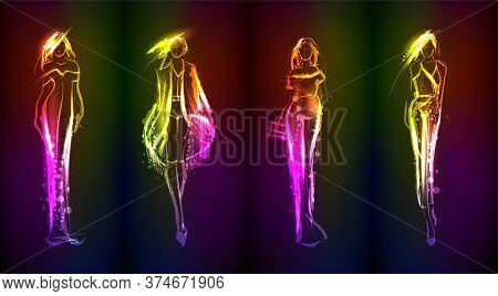 Hand-drawn Fashion Model From A Neon. A Light Girl's. Fashion Girl.