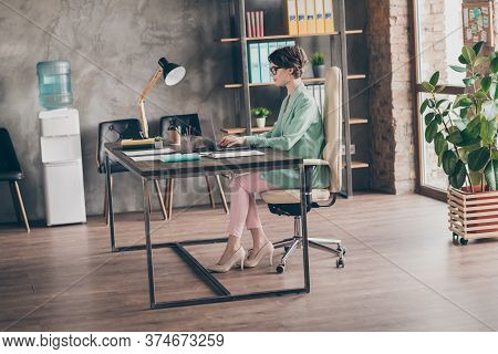 Full Size Profile Side Photo Of Focused Girl Sir Desk Chair Work Home Laptop Analyze Start-up Innova