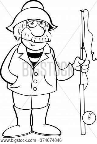 Black And White Illustration Of An Old Sea Captain Holding A Fishing Pole.