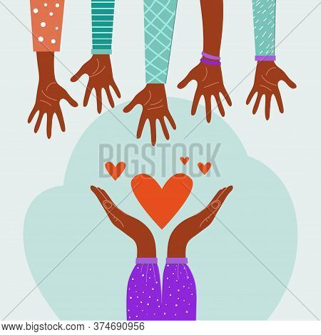 Charity Concept, Hands Giving Love, Help, Etc. Vector Stock Illustration, Flat Design.