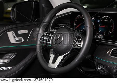 Novosibirsk/ Russia - April 21 2020:  Mercedes Benz Gle-class, Black Luxury Car Interior - Dashboard