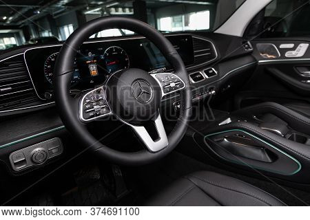 Novosibirsk/ Russia - April 21 2020:  Mercedes Benz Gle-class, Black Luxury Car Interior - Dashboard