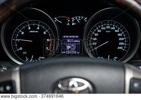Novosibirsk/ Russia - June 15  2020:  Toyota Land Cruiser 200, Dashboard Closeup With Visible Speedo