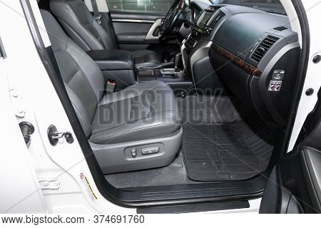 Novosibirsk/ Russia - June 15  2020:  Toyota Land Cruiser 200, Salon Of A New Stylish Car, Steering 