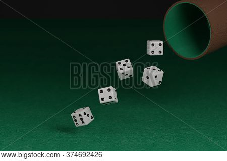 Dice Rolling On A Green Cloth. 3D Illustration.