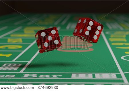 Close Up Of Dice Rolling On A Craps Table. Random Concept.