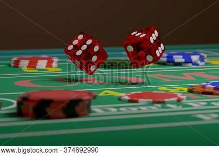 Close Up Of Dice Rolling On A Craps Table. Random Concept. 3D Illustration.