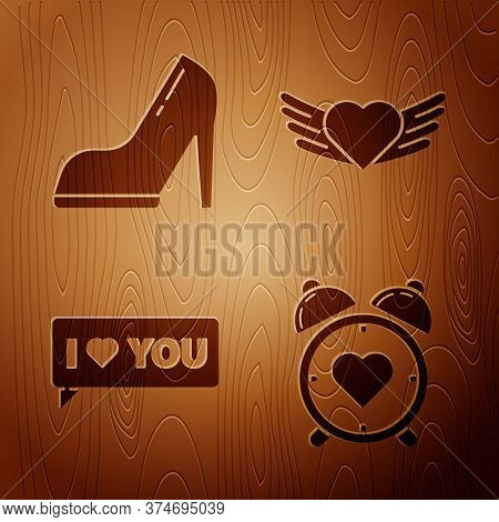 Set Heart In The Center Alarm Clock, Woman Shoe With High Heel, Speech Bubble With I Love You And He