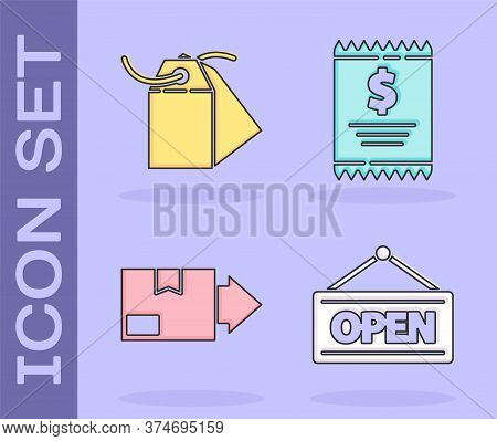 Set Hanging Sign With Open, Blank Label Template Price Tag, Carton Cardboard Box And Paper Check And