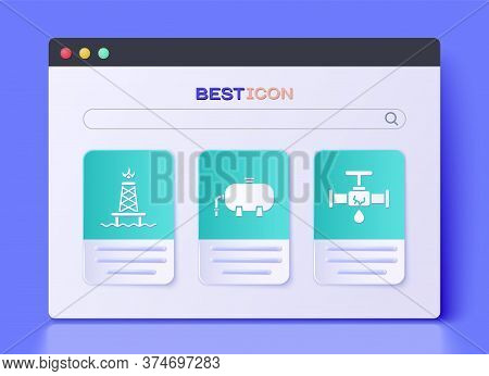 Set Oil Industrial Factory Building, Oil Rig With Fire And Broken Pipe With Leaking Water Icon. Vect
