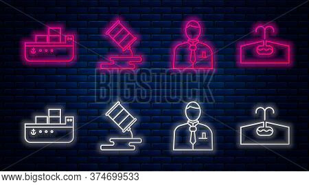Set Line Barrel Oil Leak, Businessman Or Stock Market Trader, Oil Tanker Ship And Oilfield. Glowing 