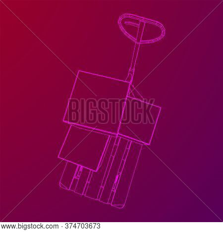 Hand Pallet Jack Lift With Pallet And Stacked Goods Cardboard Boxes. Manual Forklift. Logistics Ship