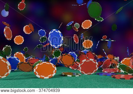 Casino Chips Falling On A Green Cloth. 3d Illustration.