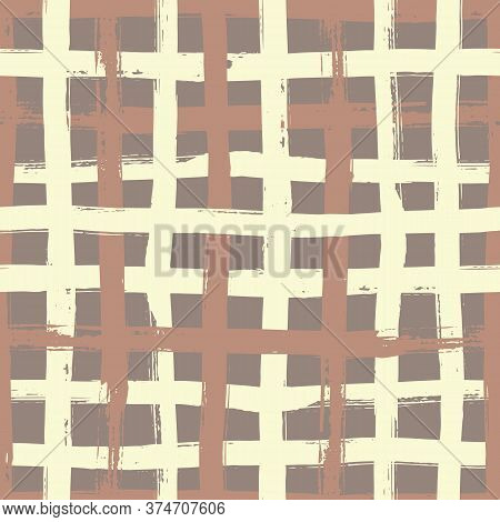 Vector Repeat Pattern With A Grid Created By Brown And Light Yellow Stripes Painted With A Brush.