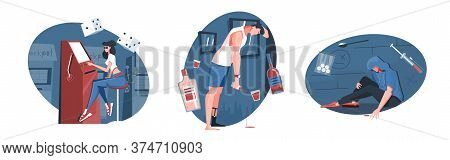 Addiction Set With Three Round Compositions Of Icons And Flat Human Characters Suffering From Destru