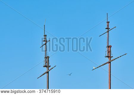 Sailing Mast Of Ship, Copy Space. Sailing Vessel Main Topgallant Mast With Crows Nest. Old Frigate W
