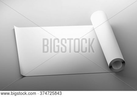 Mockup Template Of White Blank Arrangement Of Rolled Paper On Gray Background. 3d Illustration.