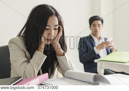 Asian Business Woman Have Migraine Headache In The Workplace. Stressed Female Employee Running Out O