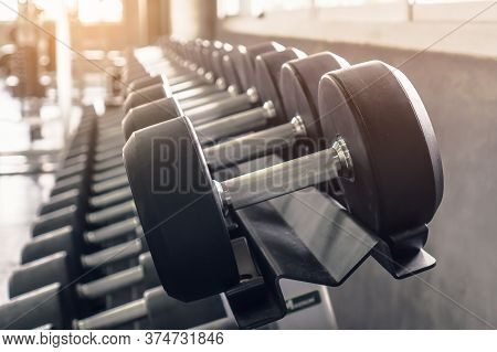 Rack Of Many Sizes Of Dumbbell In Gym Sport Club.